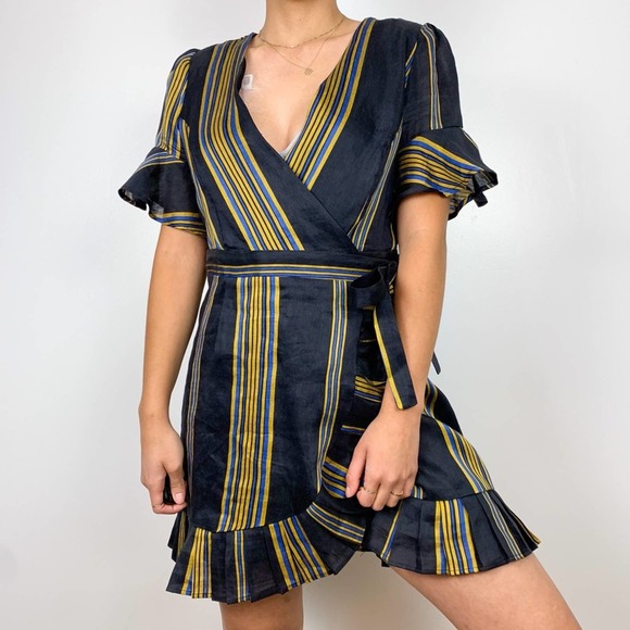 Honeypunch Lulus Black Striped Short Sleeve Ruffle Wrap Mini Dress Size Medium - Picture 3 of 13